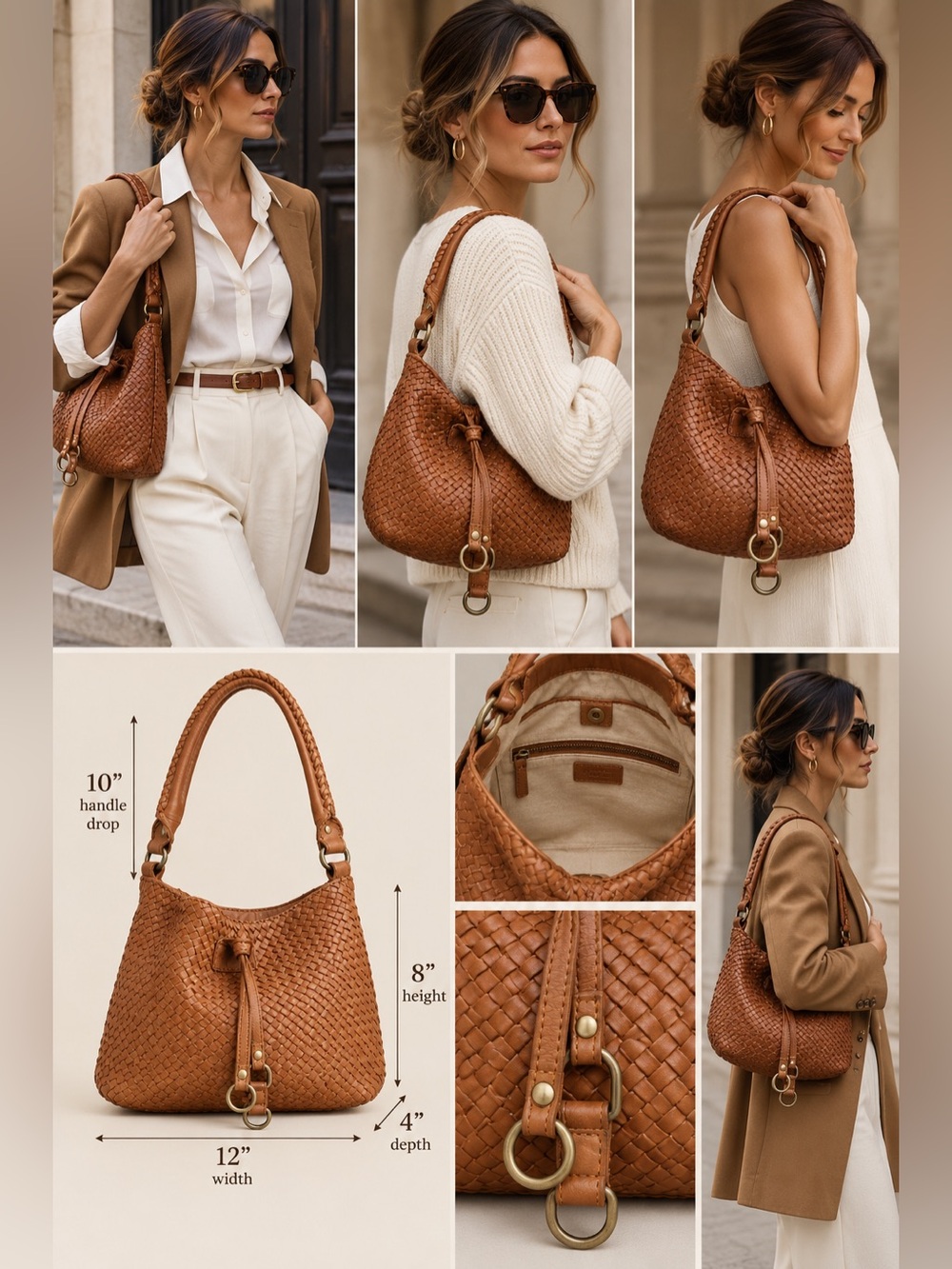 Woven Leather Hobo Bag Cognac Brown Made in India Boho Shoulder Purse